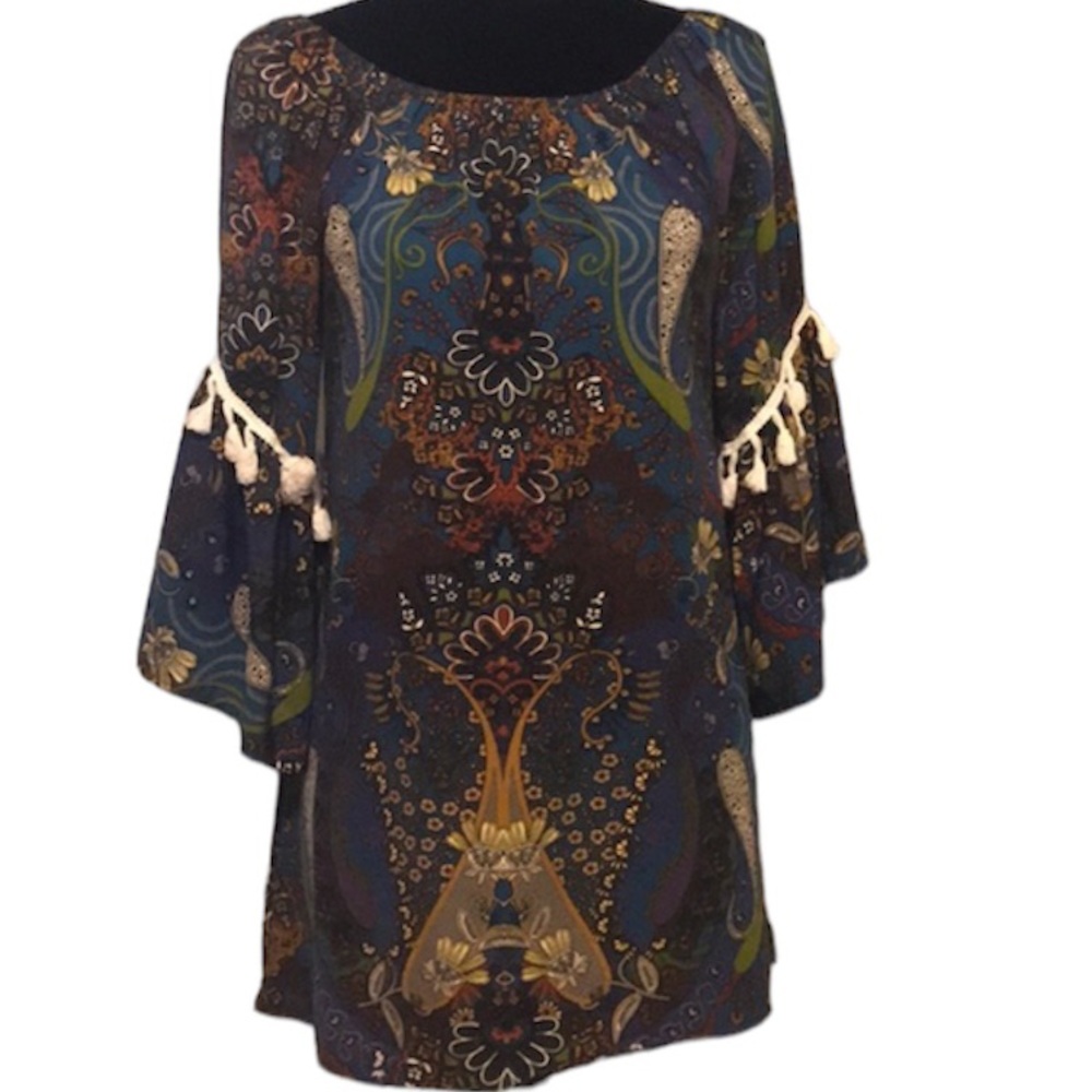 Black Bead Floral Bell Sleeve Boho Mini Dress Tunic Women's Small